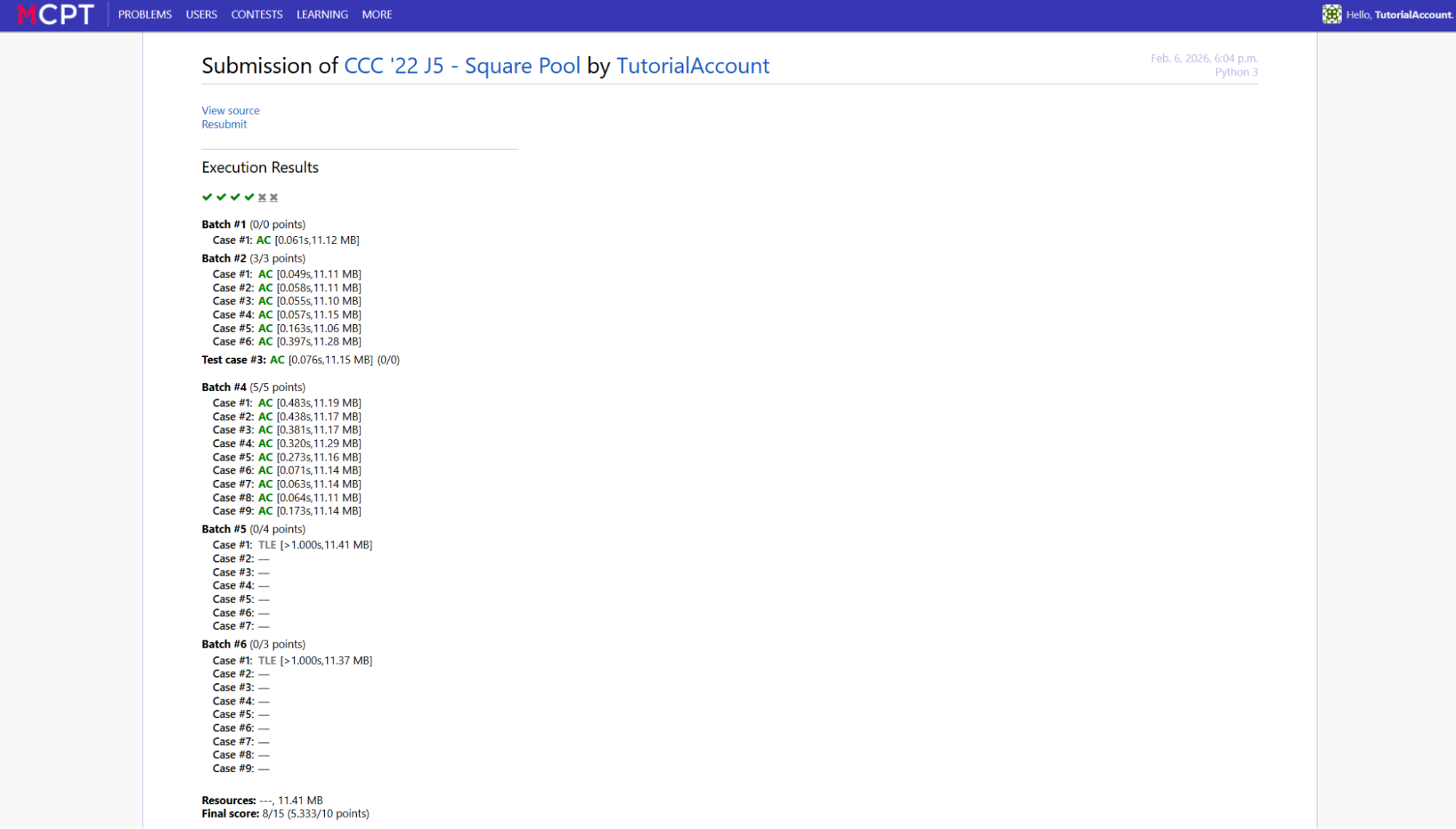Page containing the grader's results of submitted code
